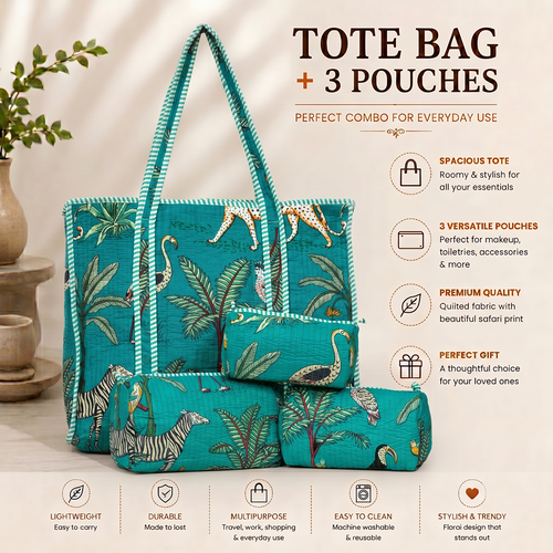 Turquoise Jungle Quilted Cotton Tote Bag (18x18) with Pouch Set Combo