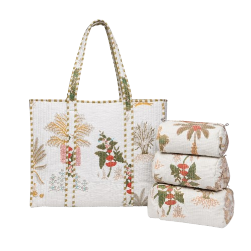 White Floral Quilted Cotton Tote Bag (18x18) with Pouch Set Combo