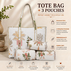 White Floral Quilted Cotton Tote Bag (18x18) with Pouch Set Combo