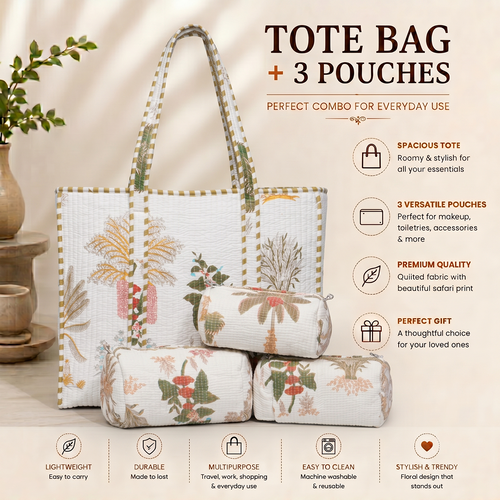 White Floral Quilted Cotton Tote Bag (18x18) with Pouch Set Combo