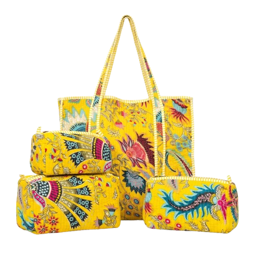 Yellow Floral Quilted Cotton Tote Bag (18x18) with Pouch Set Combo