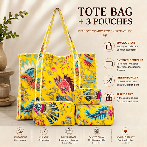 Yellow Floral Quilted Cotton Tote Bag (18x18) with Pouch Set Combo