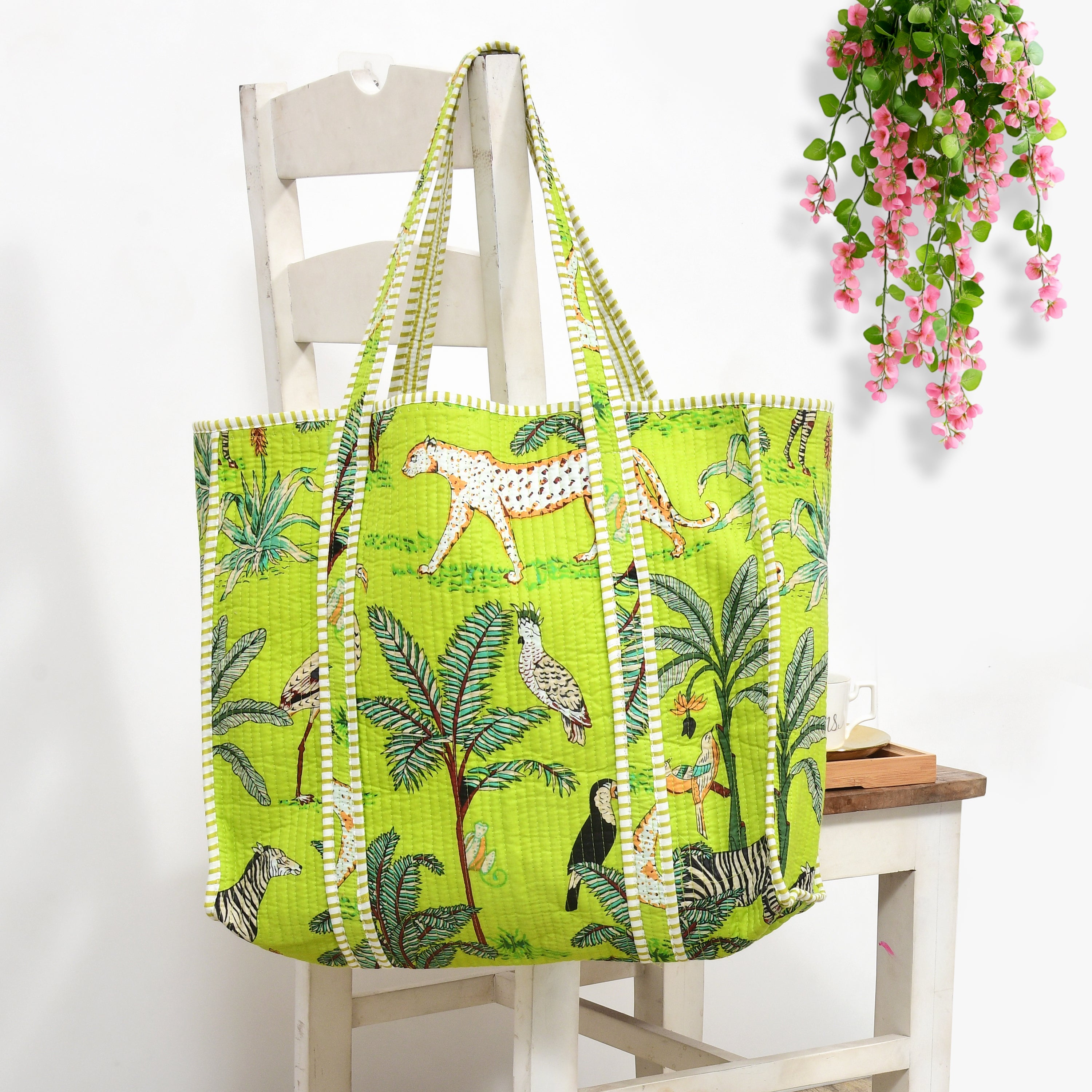 Premium Quilted Tote Bag with Matching Pouches Combo Set – Durable, Lightweight, Multipurpose Bag for Travel, Office & Daily Essentials (Parrot Green Jungle)