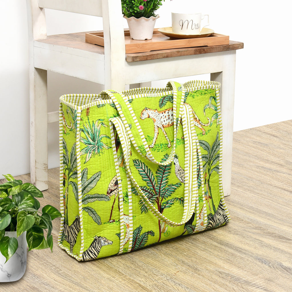 Premium Quilted Tote Bag with Matching Pouches Combo Set – Durable, Lightweight, Multipurpose Bag for Travel, Office & Daily Essentials (Parrot Green Jungle)