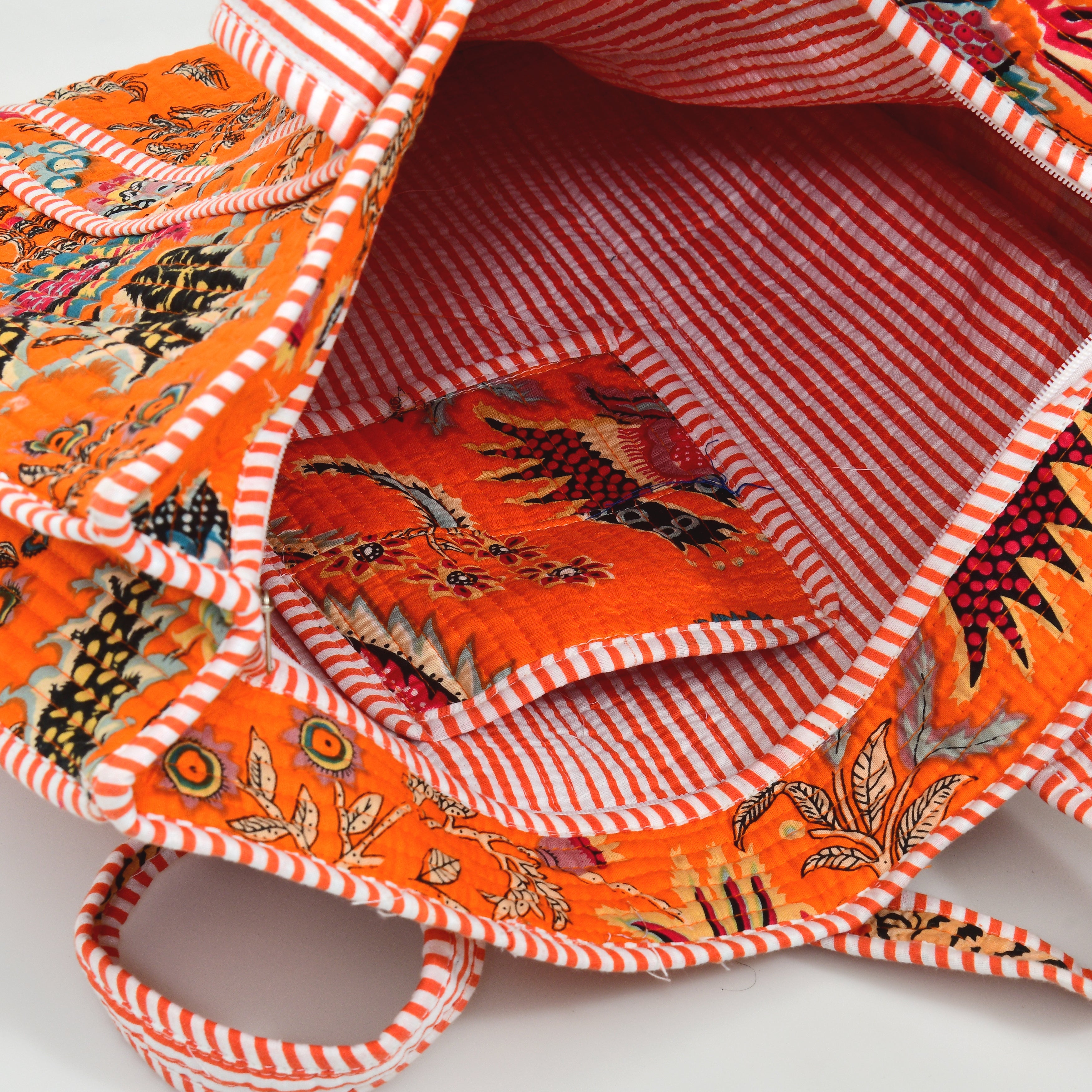 Quilted Cotton Tote Bag – Handmade Travel Shoulder Bag with Zipper & Pockets – Lightweight, Durable & Stylish for Daily Use (Orange Floral)