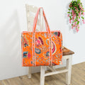 Quilted Cotton Tote Bag – Handmade Travel Shoulder Bag with Zipper & Pockets – Lightweight, Durable & Stylish for Daily Use (Orange Floral)