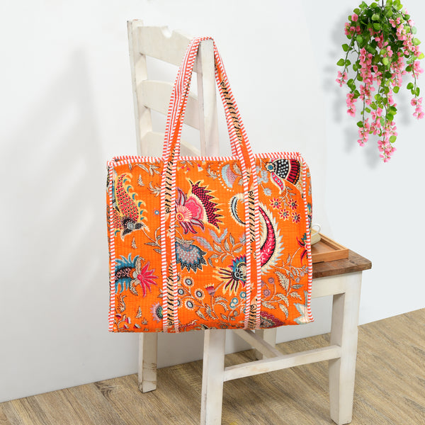 Quilted Cotton Tote Bag – Handmade Travel Shoulder Bag with Zipper & Pockets – Lightweight, Durable & Stylish for Daily Use (Orange Floral)
