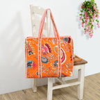 Premium Quilted Tote Bag with Matching Pouches Combo Set – Durable, Lightweight, Multipurpose Bag for Travel, Office & Daily Essentials (Orange Floral)