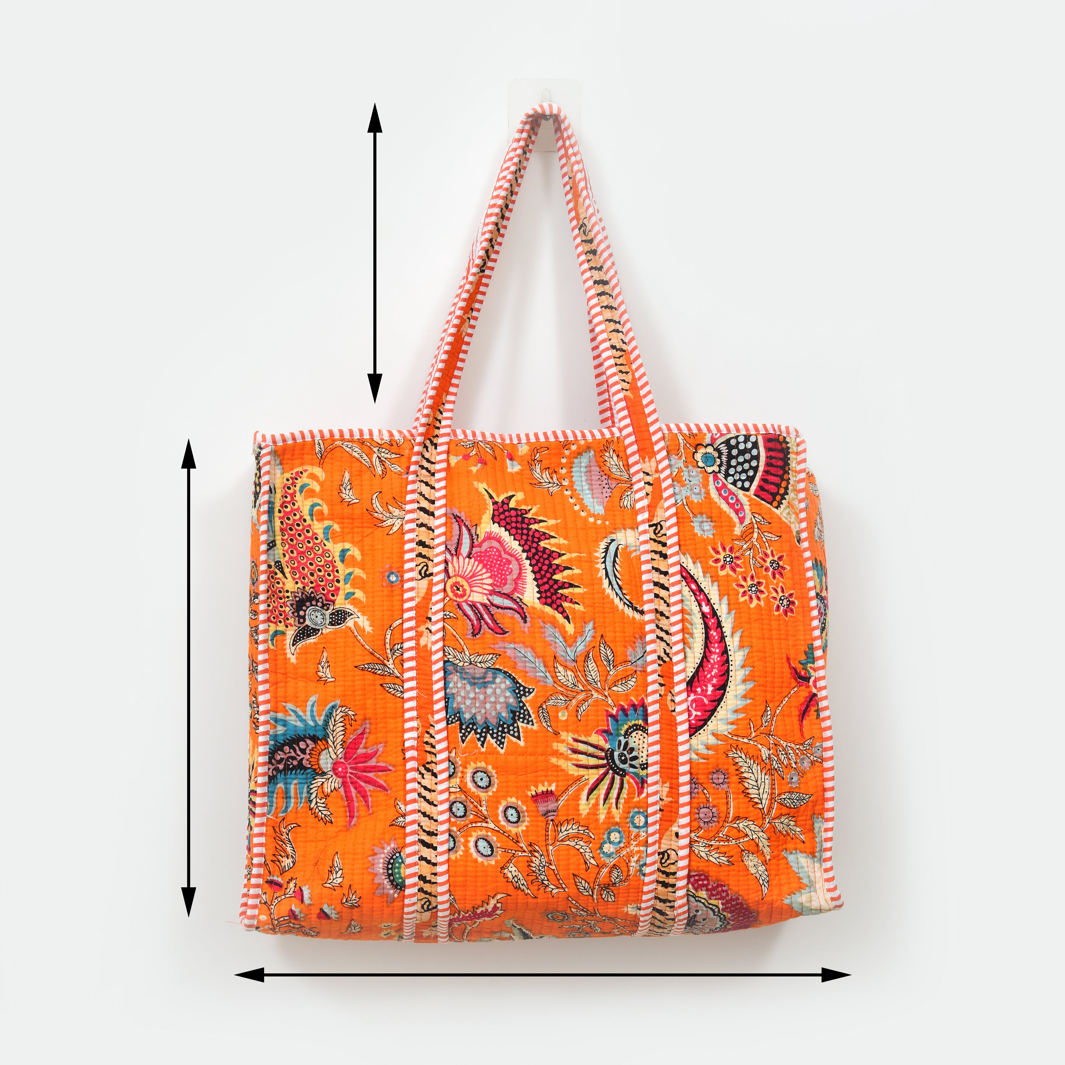 Quilted Cotton Tote Bag – Handmade Travel Shoulder Bag with Zipper & Pockets – Lightweight, Durable & Stylish for Daily Use (Orange Floral)