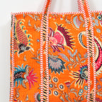 Quilted Cotton Tote Bag – Handmade Travel Shoulder Bag with Zipper & Pockets – Lightweight, Durable & Stylish for Daily Use (Orange Floral)