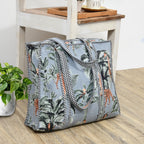 Quilted Cotton Tote Bag – Handmade Travel Shoulder Bag with Zipper & Pockets – Lightweight, Durable & Stylish for Daily Use (Grey Floral)