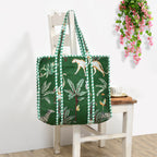Quilted Cotton Tote Bag – Handmade Travel Shoulder Bag with Zipper & Pockets – Lightweight, Durable & Stylish for Daily Use (Green Jungle)
