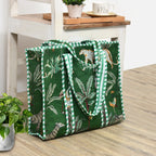 Quilted Cotton Tote Bag – Handmade Travel Shoulder Bag with Zipper & Pockets – Lightweight, Durable & Stylish for Daily Use (Green Jungle)