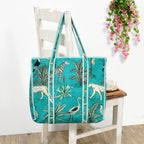 Quilted Cotton Tote Bag – Handmade Travel Shoulder Bag with Zipper & Pockets – Lightweight, Durable & Stylish for Daily Use (Turquoise Jungle)