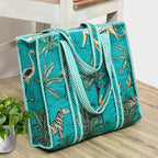 Quilted Cotton Tote Bag – Handmade Travel Shoulder Bag with Zipper & Pockets – Lightweight, Durable & Stylish for Daily Use (Turquoise Jungle)