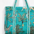 Quilted Cotton Tote Bag – Handmade Travel Shoulder Bag with Zipper & Pockets – Lightweight, Durable & Stylish for Daily Use (Turquoise Jungle)
