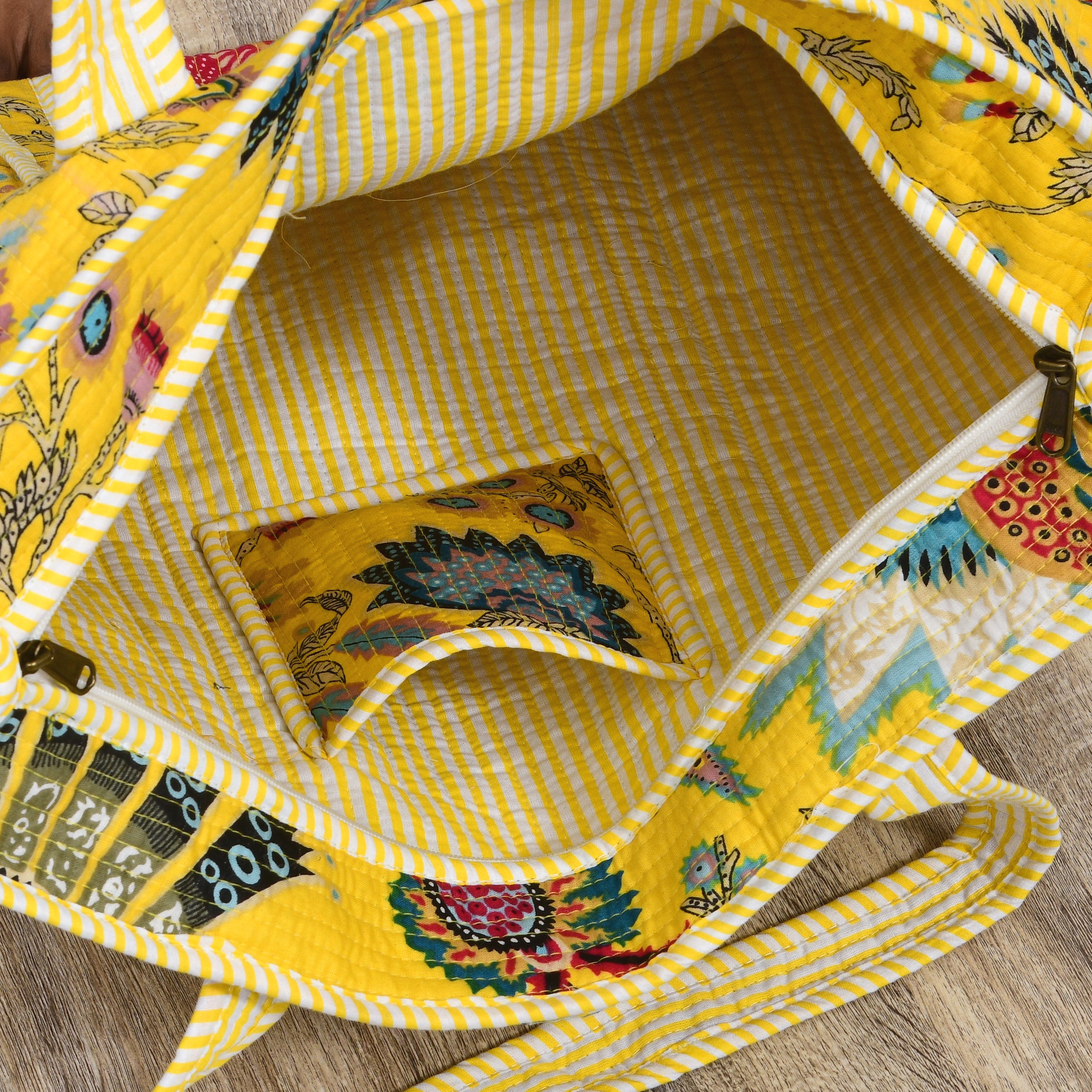 Quilted Cotton Tote Bag – Handmade Travel Shoulder Bag with Zipper & Pockets – Lightweight, Durable & Stylish for Daily Use (Yellow Floral)