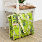 Quilted Cotton Tote Bag – Handmade Travel Shoulder Bag with Zipper & Pockets – Lightweight, Durable & Stylish for Daily Use (Parrot Green Jungle)