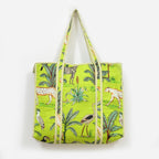 Quilted Cotton Tote Bag – Handmade Travel Shoulder Bag with Zipper & Pockets – Lightweight, Durable & Stylish for Daily Use (Parrot Green Jungle)
