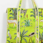 Quilted Cotton Tote Bag – Handmade Travel Shoulder Bag with Zipper & Pockets – Lightweight, Durable & Stylish for Daily Use (Parrot Green Jungle)