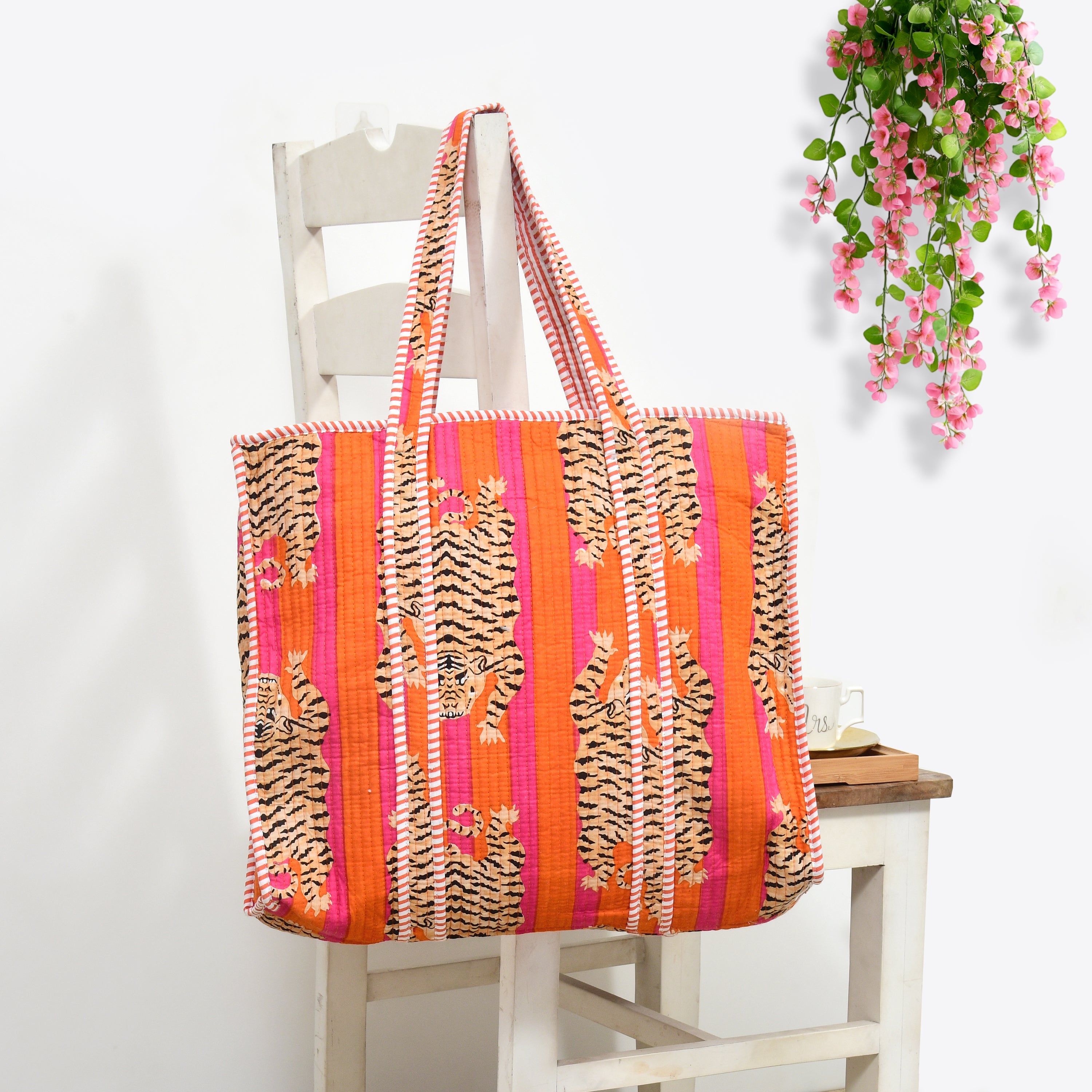 Premium Quilted Tote Bag with Matching Pouches Combo Set – Durable, Lightweight, Multipurpose Bag for Travel, Office & Daily Essentials (Orange Tiger)