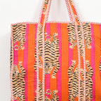 Quilted Cotton Tote Bag – Handmade Travel Shoulder Bag with Zipper & Pockets – Lightweight, Durable & Stylish for Daily Use (Orange Tiger)