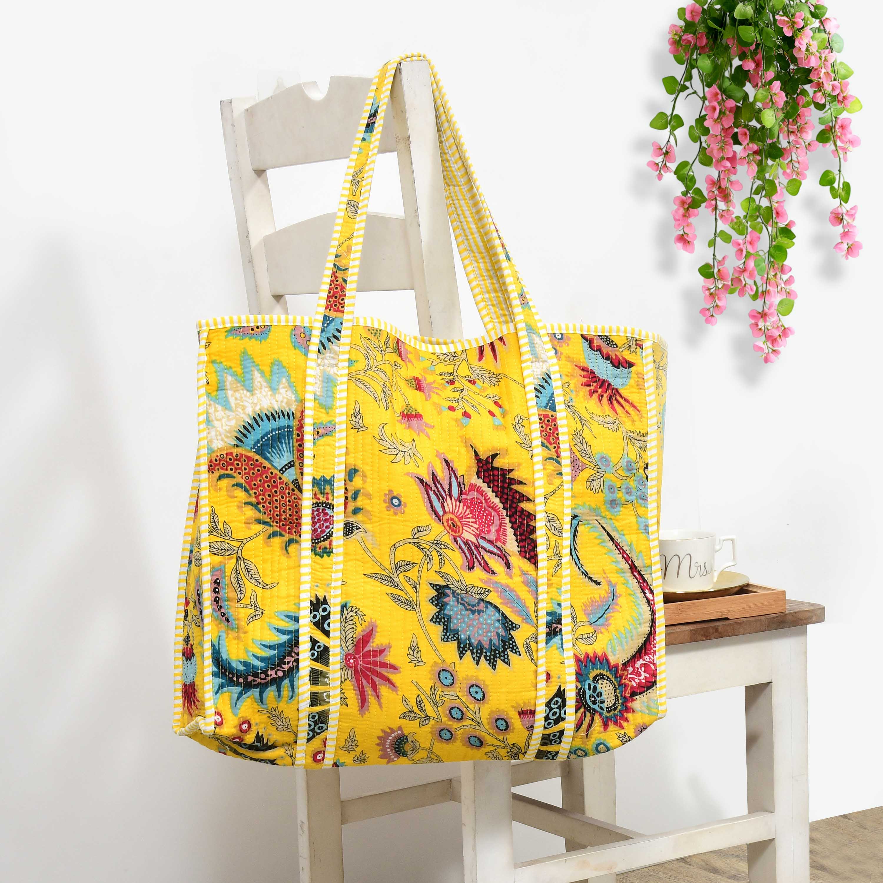 Premium Quilted Tote Bag with Matching Pouches Combo Set – Durable, Lightweight, Multipurpose Bag for Travel, Office & Daily Essentials (Yellow Floral)