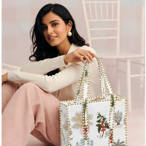 White Floral Quilted Cotton Tote Bag (12x12)